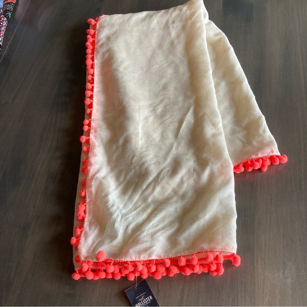 NWT Hollister Cream Square Light Scarf with Neon Pink Pom Poms